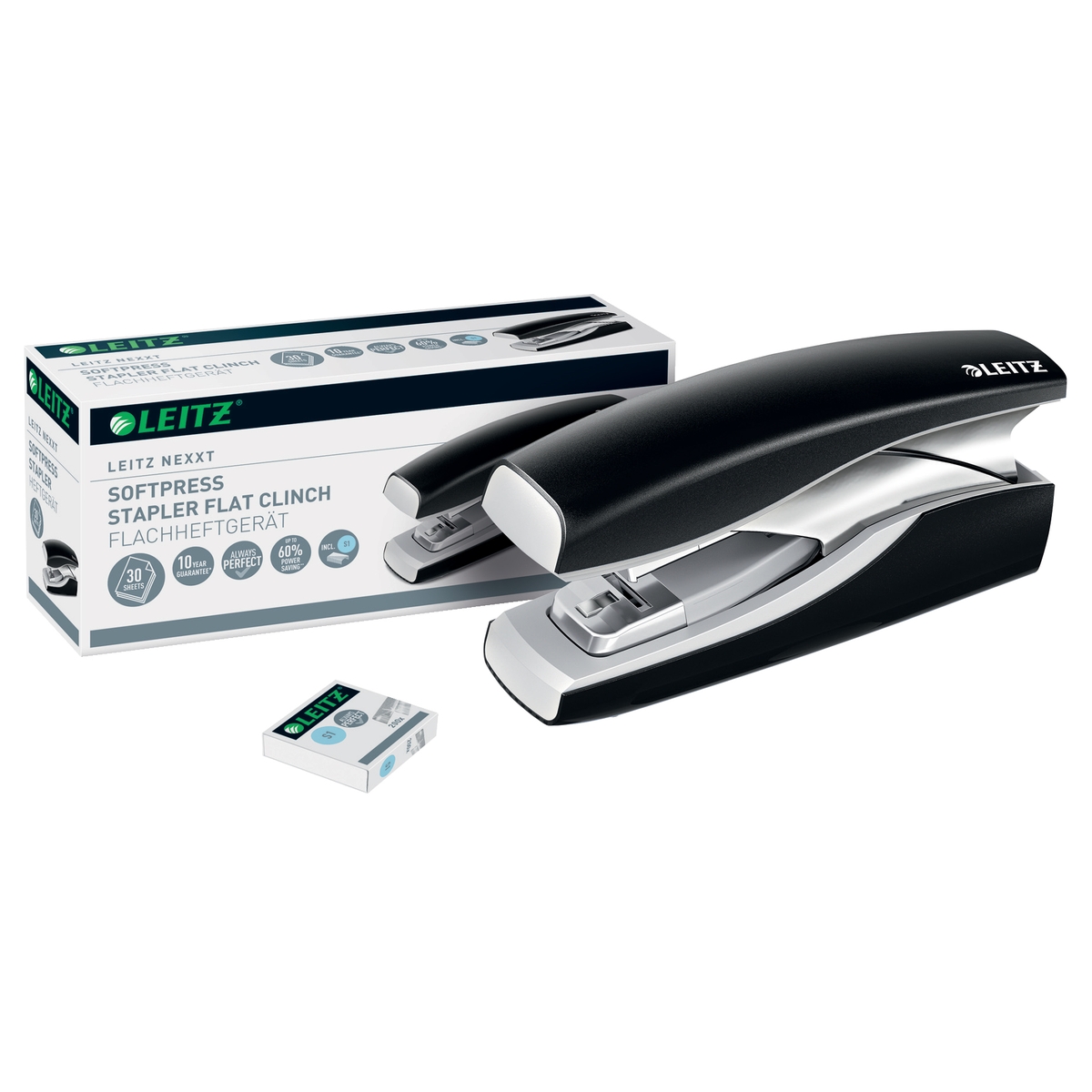 Agrafeuse de bureau à plat LEITZ NeXXt Softpress 5603 bleue dans sa boîte, avec ses agrafes Softpress.
