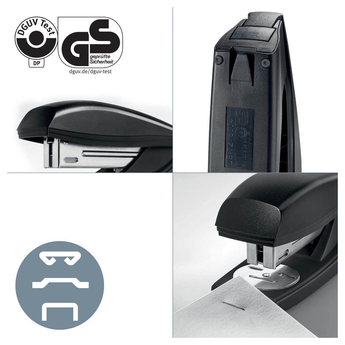 Détails de l'agrafeuse de bureau LEITZ NeXXt Recycle 5604 verte : marquage GS et formes d'agrafage.
