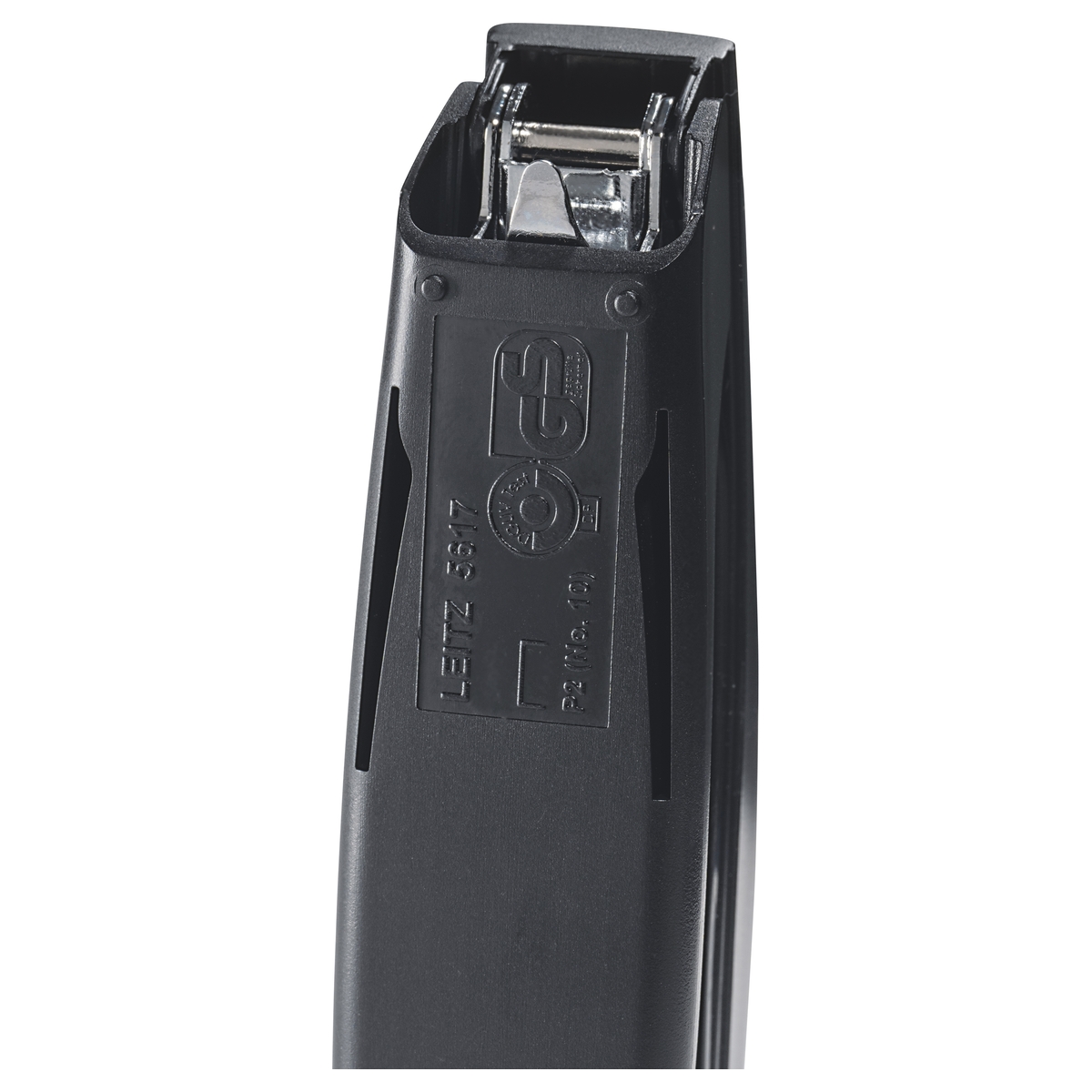 Ôte-agrafes intégré à l'arrière de la mini agrafeuse LEITZ NeXXt Recycle 5617 rouge.