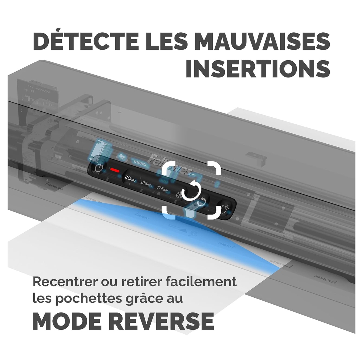 Une pochette engagée et le bouton marche arrière de la plastifieuse FELLOWES Amaris A3