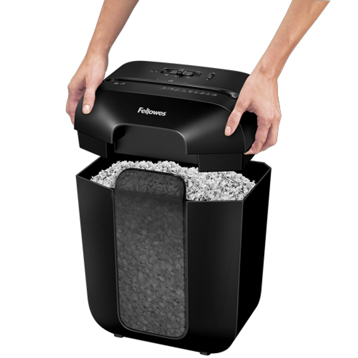 Tête de coupe soulevée au-dessus de la corbeille du destructeur FELLOWES Powershred LX45