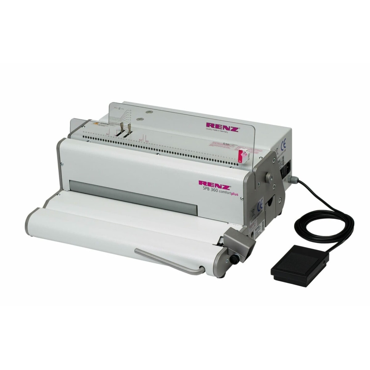 Le perforelieur avec sa pédale et son rouleau d'insertion, perforelieur électrique spirales coils plastiques et métalliques Pas: 4:1 RENZ SPB 360 comfortplus